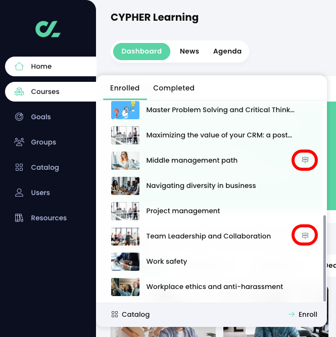 Courses fly-out menu active on the primary navigation menu with the Path icon highlighted 