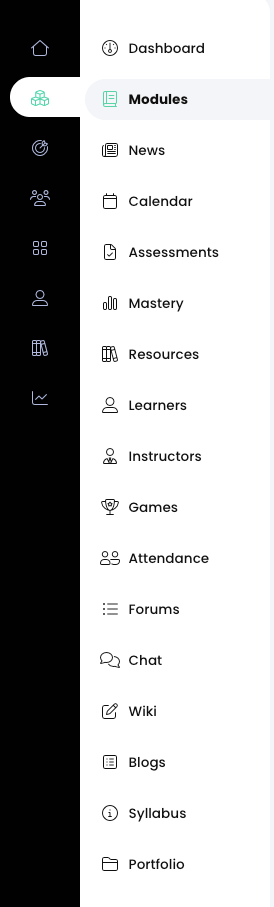 Example of a course navigation menu with all course features enabled