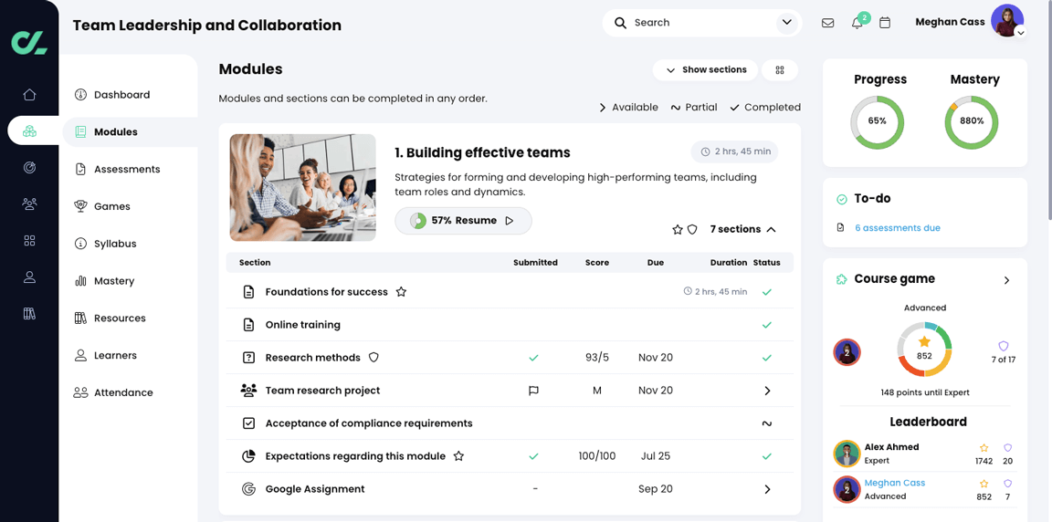 Course, Modules page in list view with all sections shown for Module 1