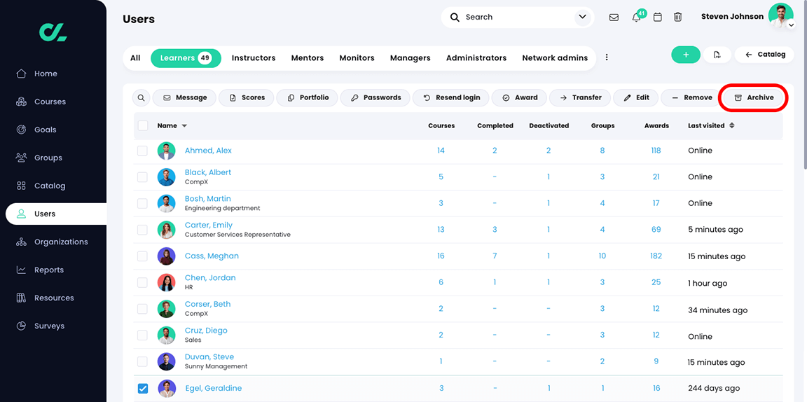 Users, Learners tab with one user selected and the Archive button highlighted