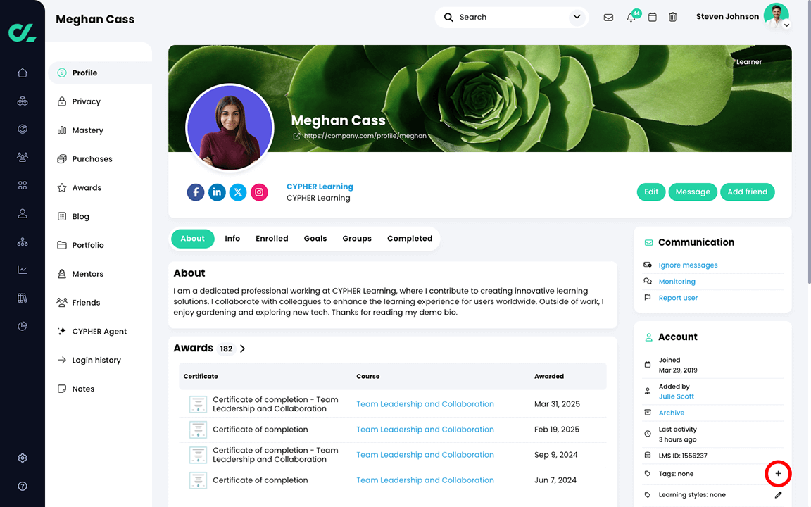 User profile page with the Add icon highlighted in the Tags section of the Account widget