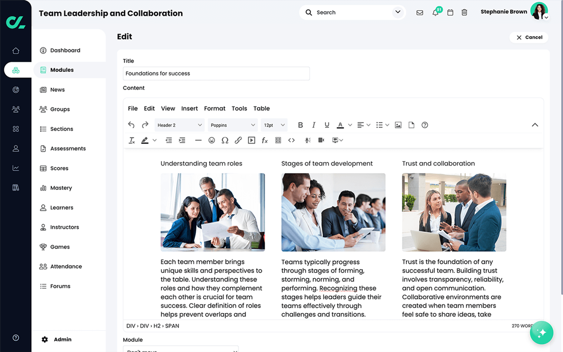 Course, Modules, Section, HTML editor with sample content