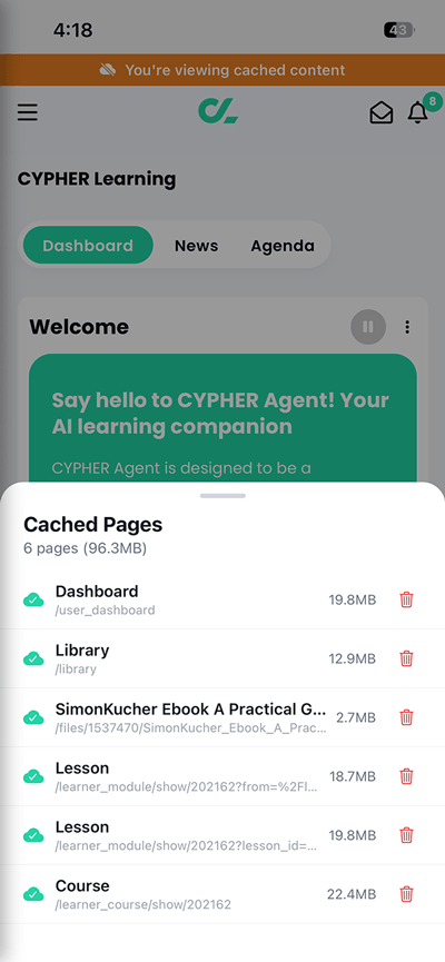 CYPHER Learning app, with the Cached Pages menu open, displaying multiple cached course pages and resources 