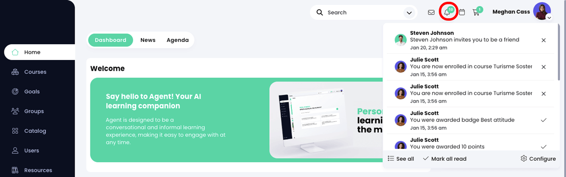 Notifications drop-down with the bell icon highlighted