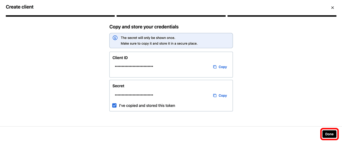 GoTo developer site, Create client pop-up, Copy and store your credentials step with the Done button highlighted