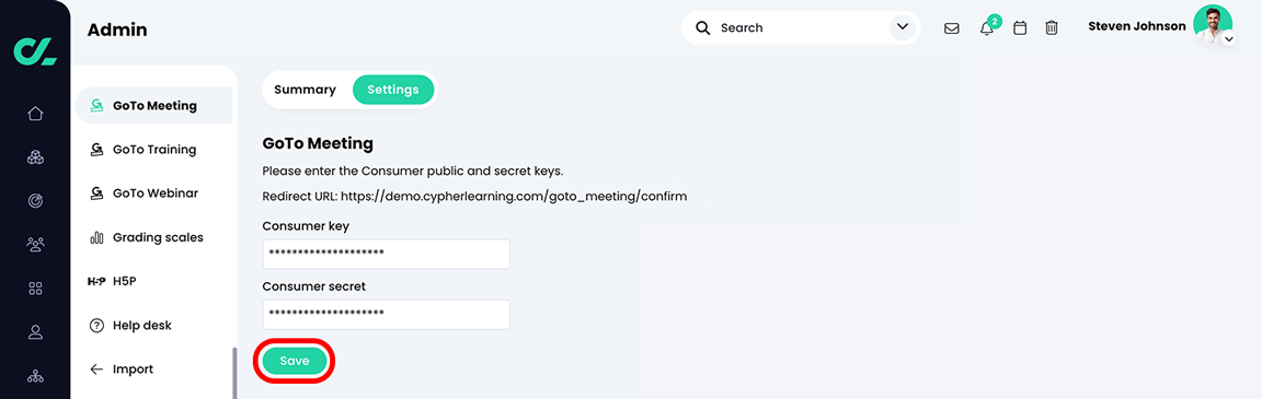 Admin, GoTo Meeting, Settings tab with a Consumer key and Secret entered and the Save button highlighted.  