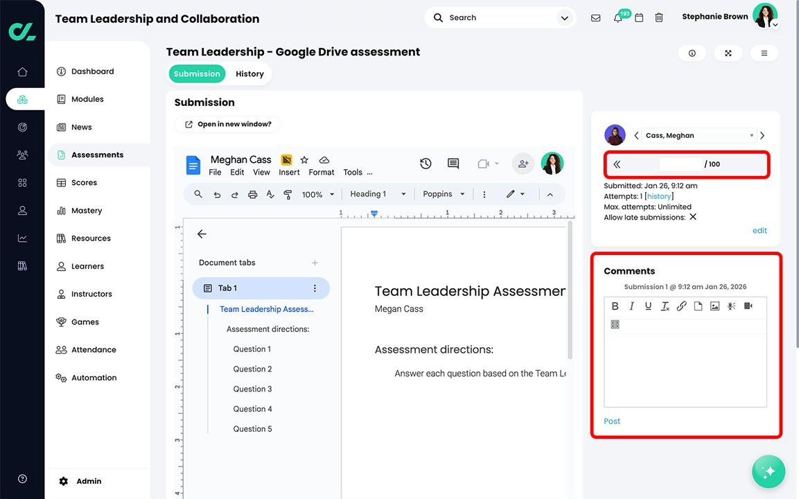 Course, Assessments, Google Drive assessment, learner submission with the Score widget and Comments widget highlighted in the right panel