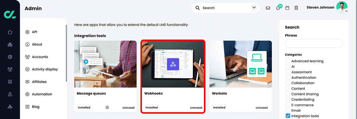 Admin, App center with the Webhooks app highlighted