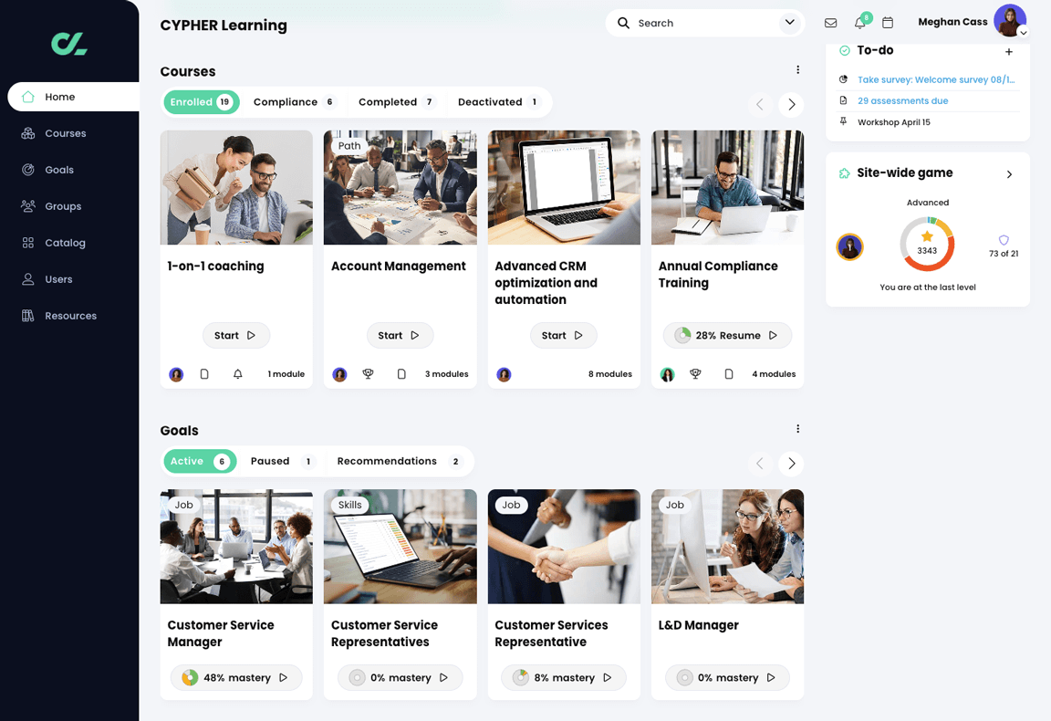 Learner view of the Home dashboard with an example of the Courses widget and the Goals widget