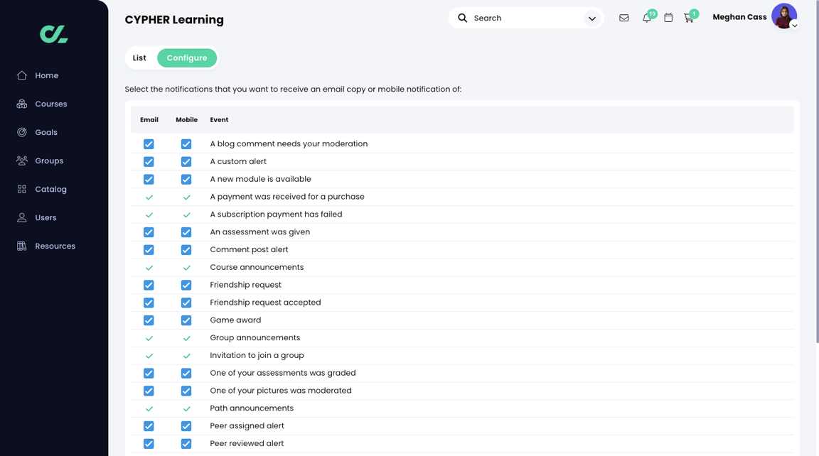 Notifications, Configure page showing Email and Mobile checkboxes highlighted