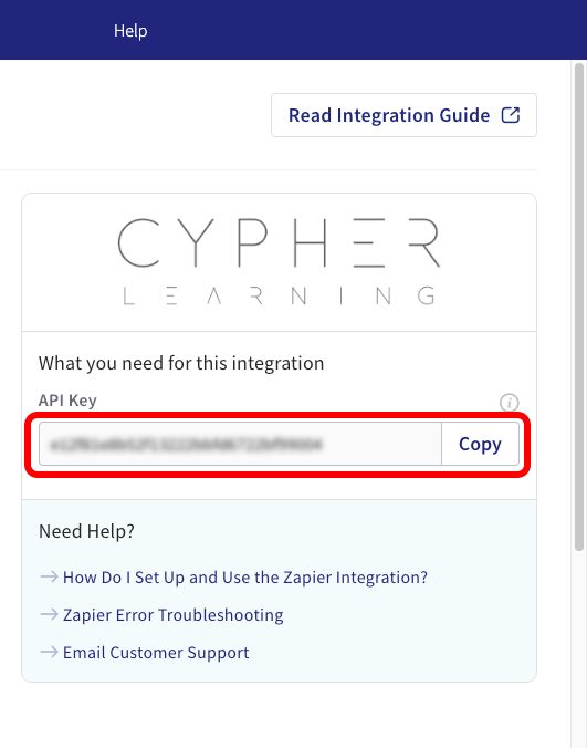 Accredible, Integrations, CYPHER Learning details page with the API key highlighted