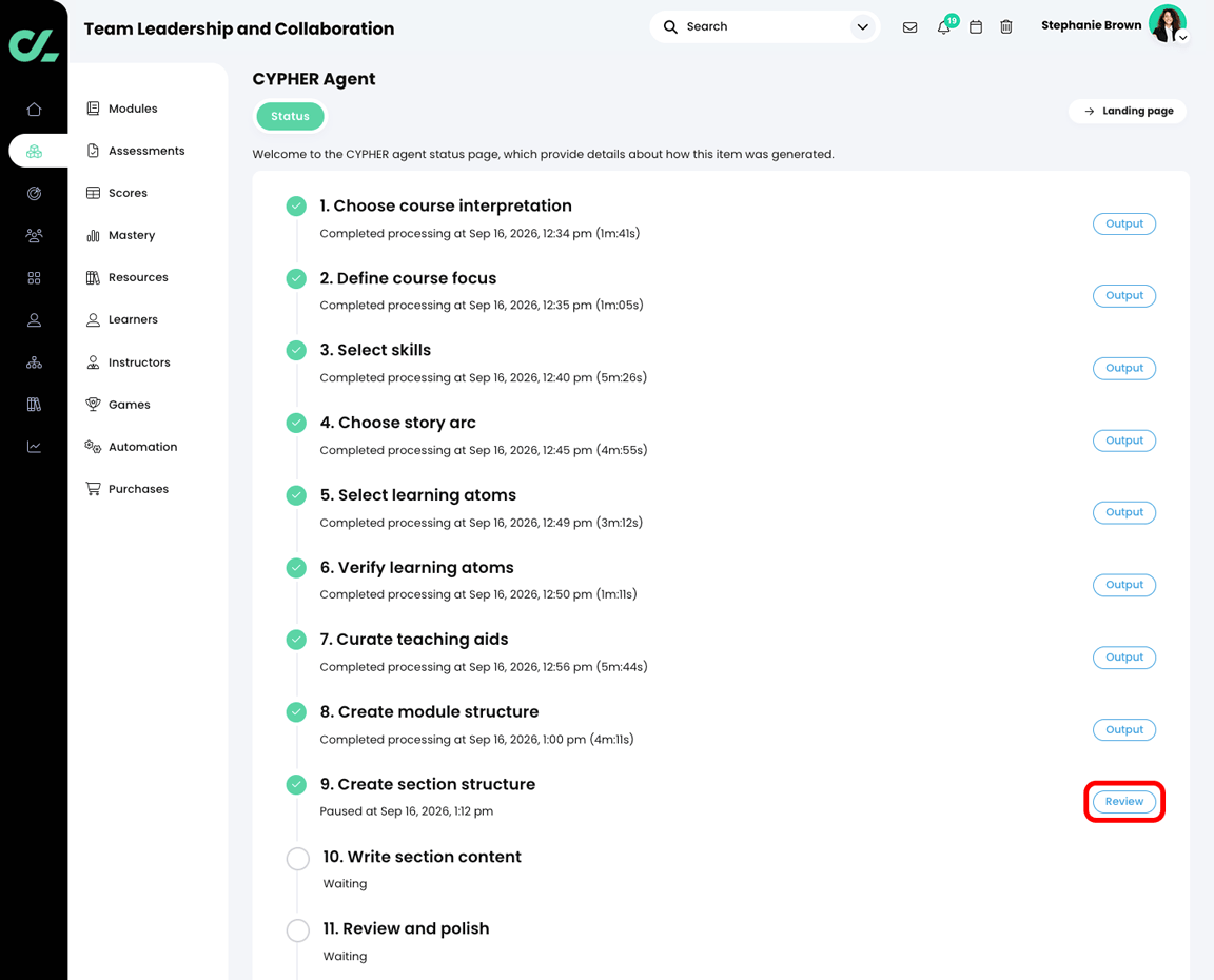 CYPHER Agent status page with the Review button highlighted in the Create section structure section