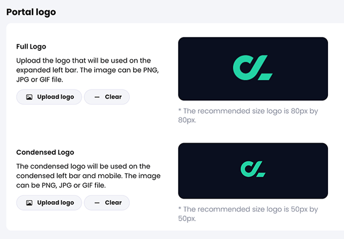 Admin, Portal, General tab, Portal logo section