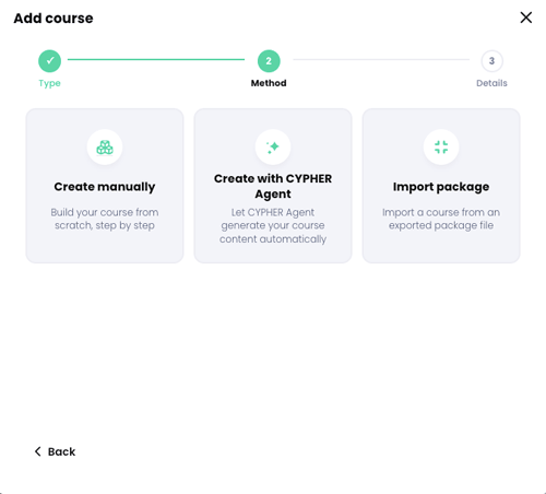 Add course pop-up, Method step with the three primary course creation methods
