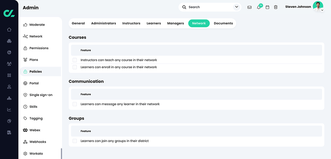 Admin, Policies, Network tab