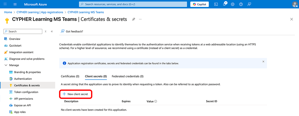 Azure portal, Certificates & secrets with the New client secret button highlighted