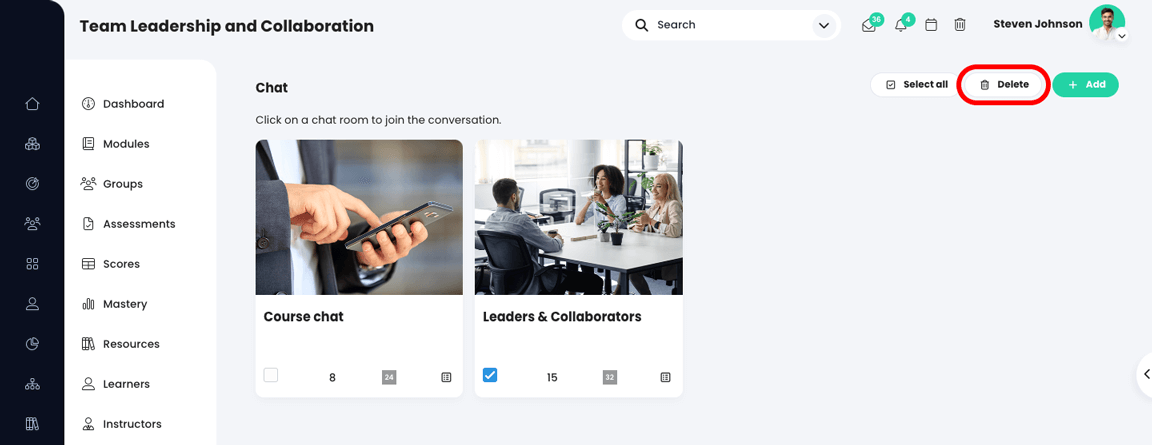 Course, Chat overview page with one of the chats selected and the Delete button highlighted