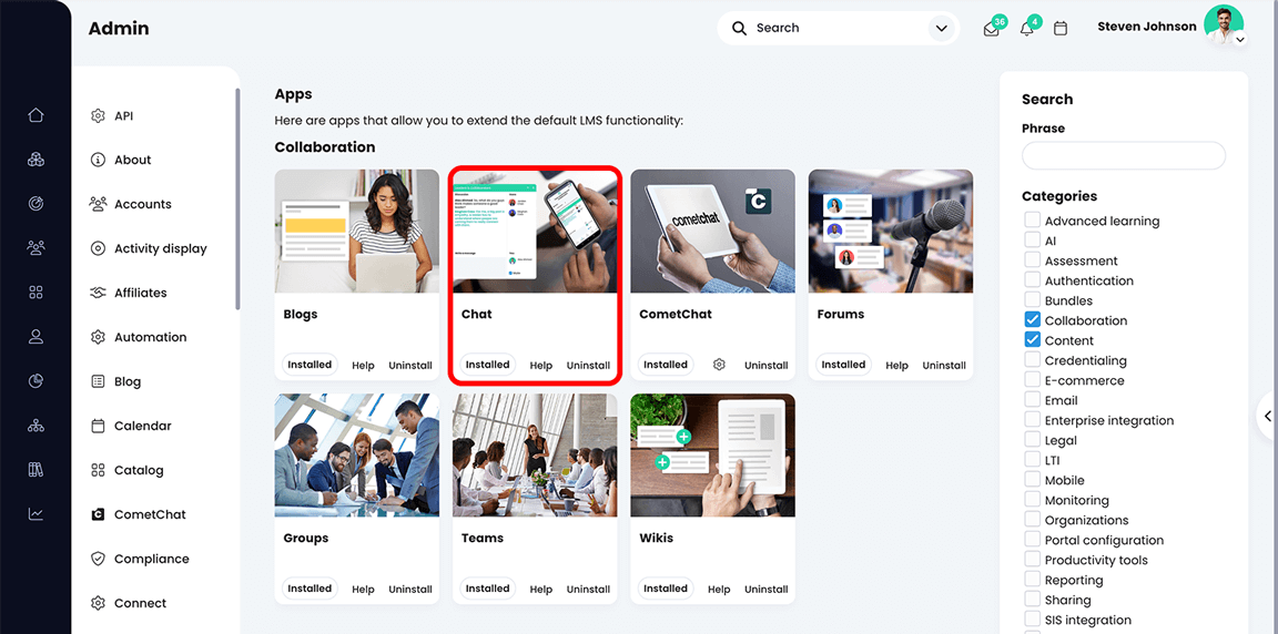 Admin, App center page showing the Chat app highlighted