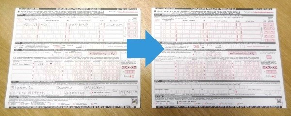 Meal application with damaged barcode (left) with a blue arrow pointing to a new, blank application (right).