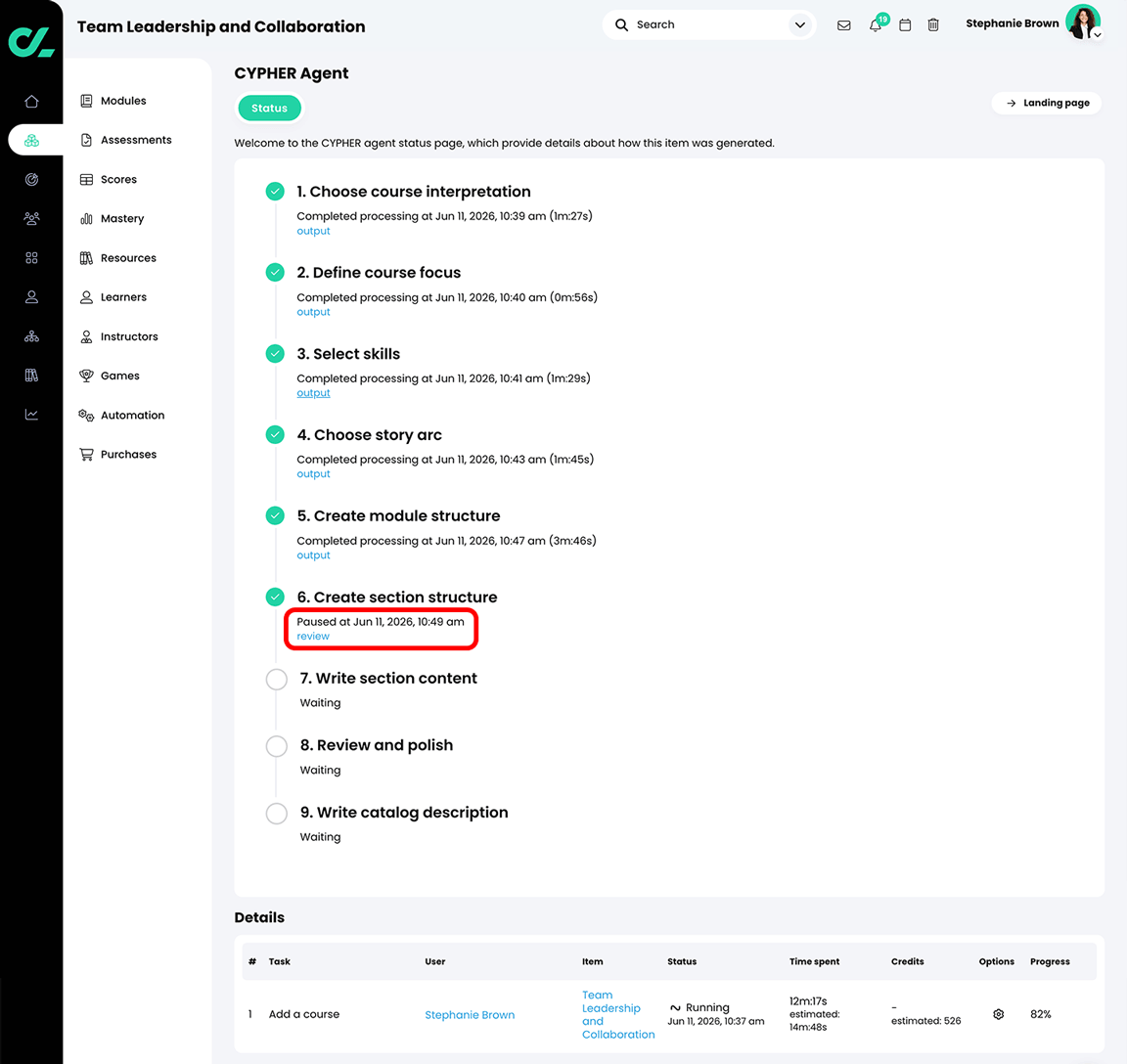 CYPHER Agent status page with the review button highlighted in the Create section structure section