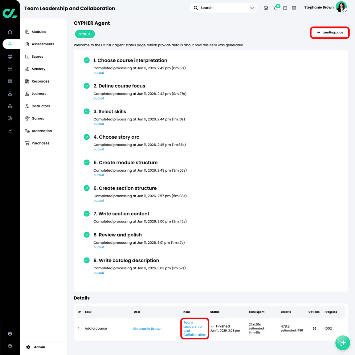 CYPHER Agent status page with the course title highlighted in the Details table and the Landing page button highlighted