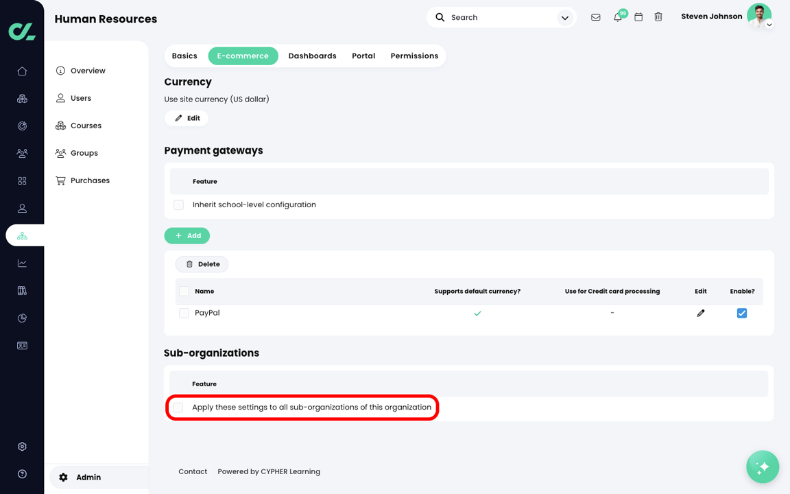 Organization, Admin, E-commerce tab with the Inherit site-level configuration setting deselected, a payment gateway added and enabled, and the Apply these settings to all sub-organizations of this organization setting highlighted