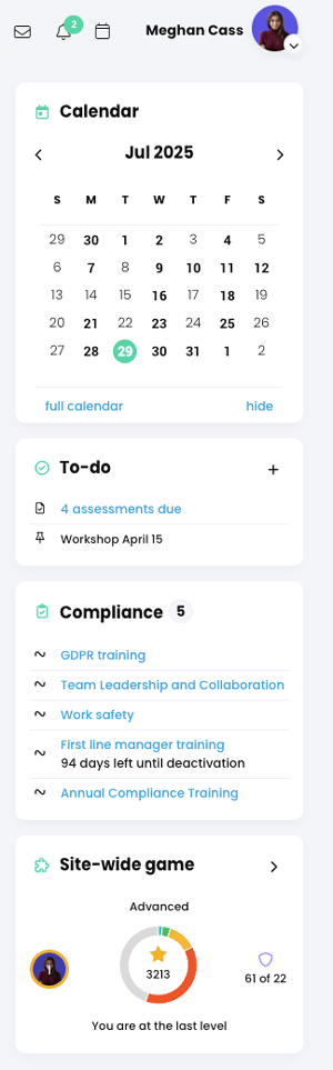 Right panel widgets including the calendar, to-do list, compliance, and a site-wide game