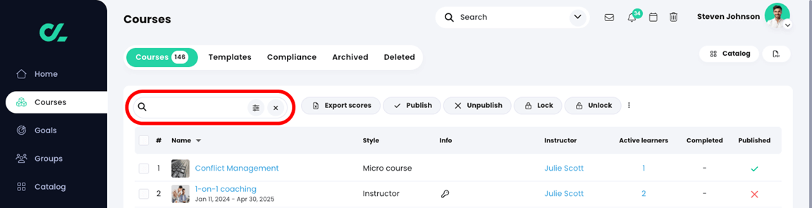 Courses, Courses list with the search bar highlighted