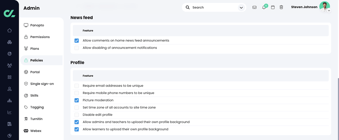 Admin, Policies, General tab, News feed and Profile sections