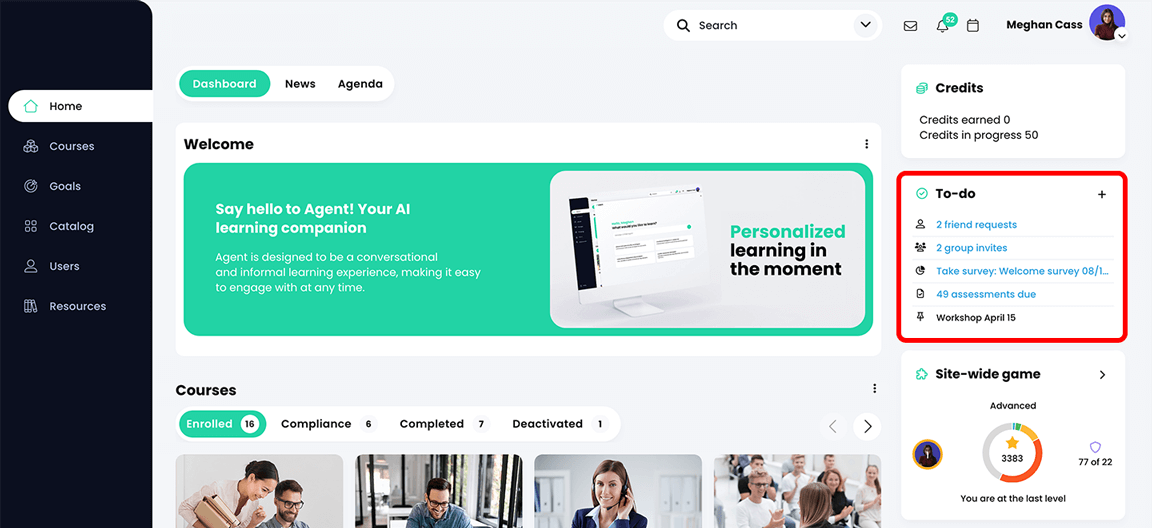 Tablou de bord principal cu widgetul De făcut evidențiat și indicând 2 noi cereri de prietenie