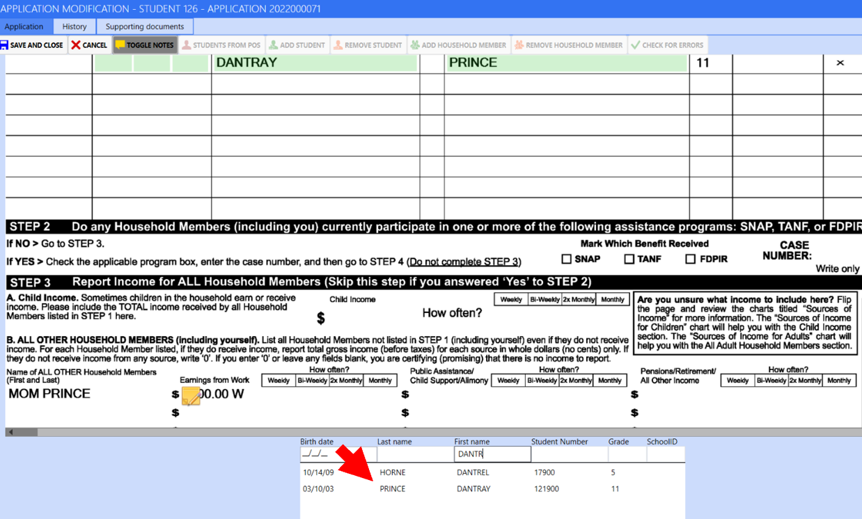 RocketSCAN Missing IDs application viewer with red arrow pointing to the student information that best matches the student displayed in the application image.