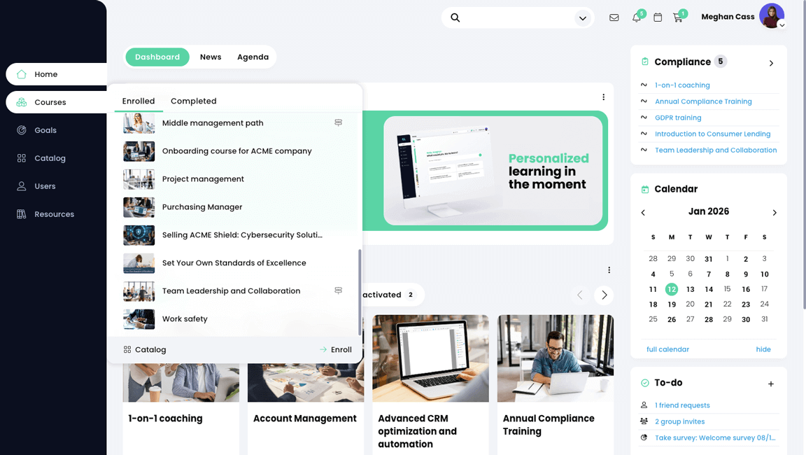Learner home dashboard with the Courses menu active and displaying a list of enrolled courses