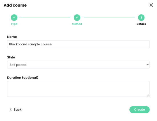Add course popup, Details step with a sample Blackboard course