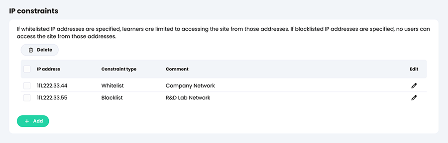 Admin, Portal, More tab, IP constraints section with a Whitelist and Blacklist constraint added