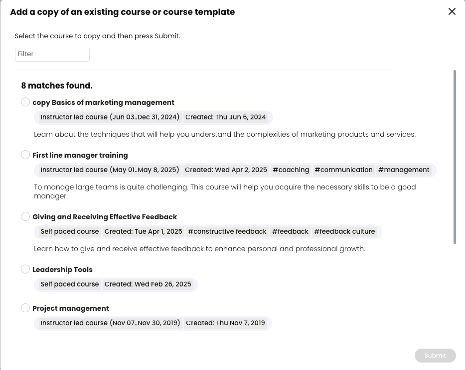 Add a copy of an existing course or course template pop-up