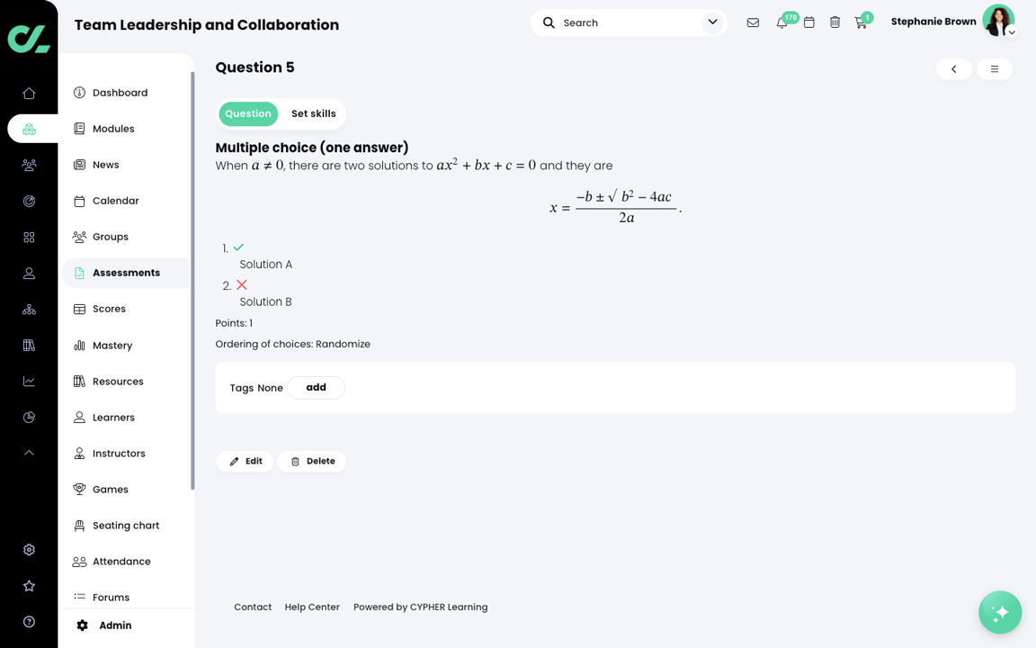 Course, Assessments, Multiple choice question with text and math displayed as equations