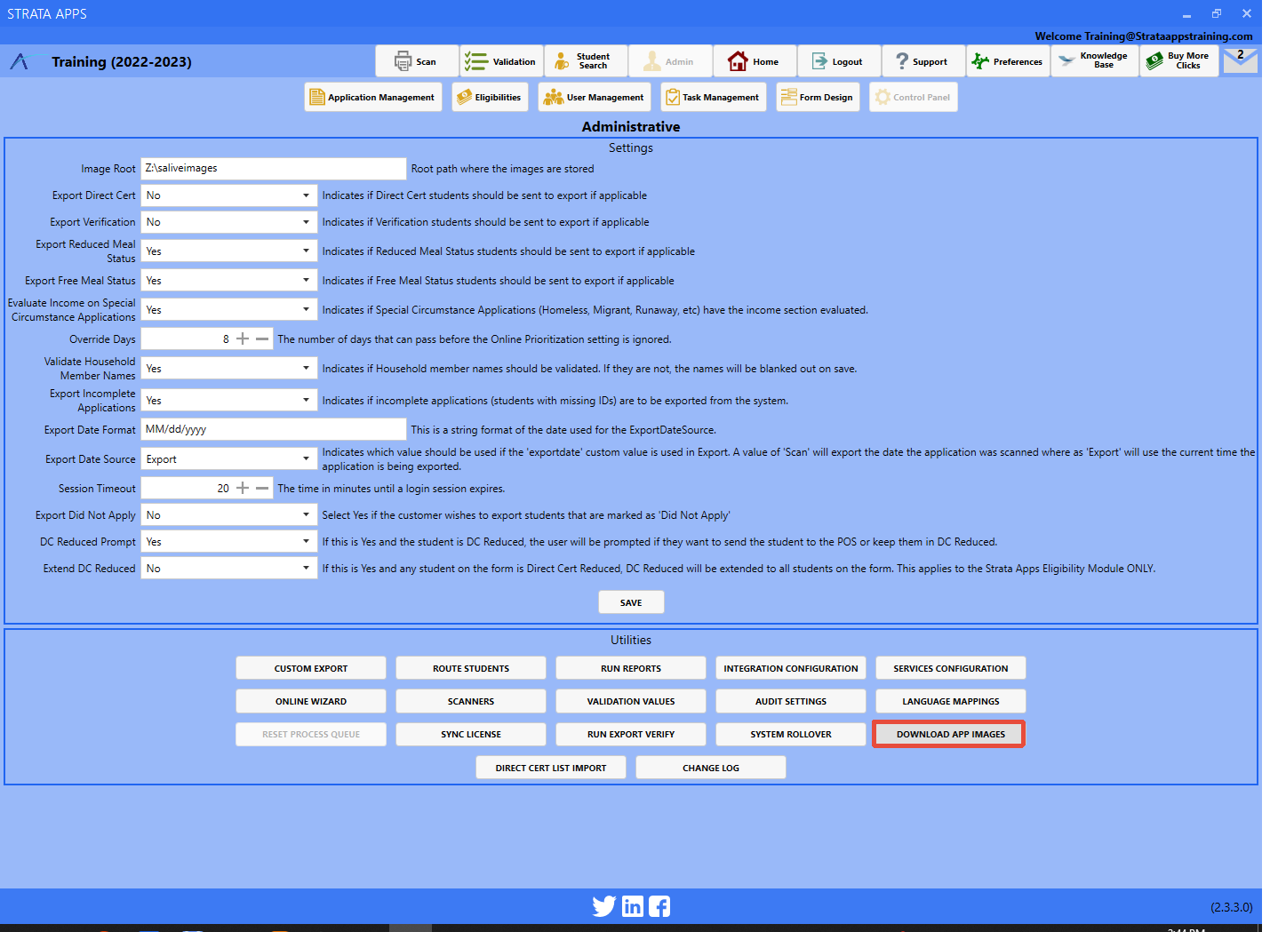 Strata Apps Application Management interface with the location of the Download App Images button highlighted.