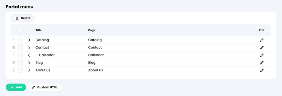 Admin, Portal, Visitor view tab, Portal menu section with the Calendar menu item set as a sub-menu to the Contact menu item