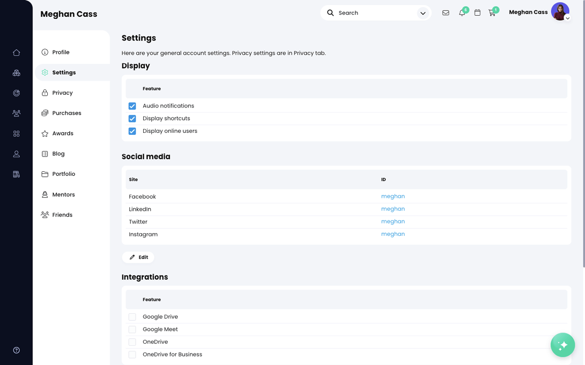 User profile, Settings page