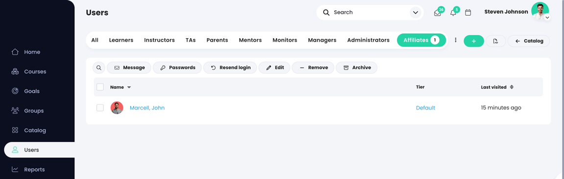 Utilizatori, pagina Afiliați care afișează lista afiliaților