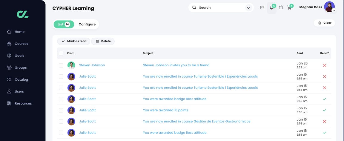Notifications, List page showing Mark as read, Delete, and Clear buttons