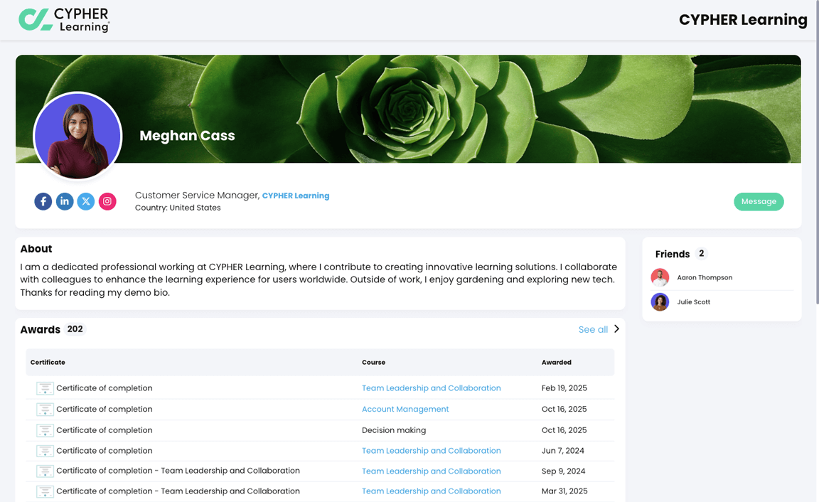 Public profile page for a learner