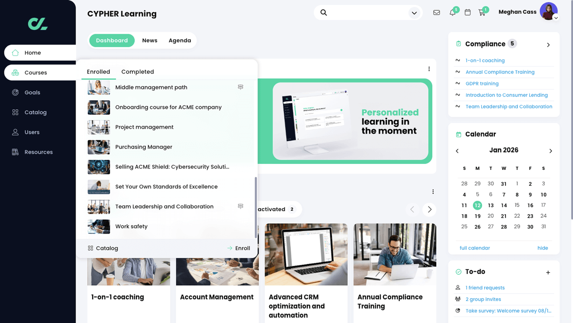 Learner home dashboard with the Courses menu active and displaying a list of enrolled courses