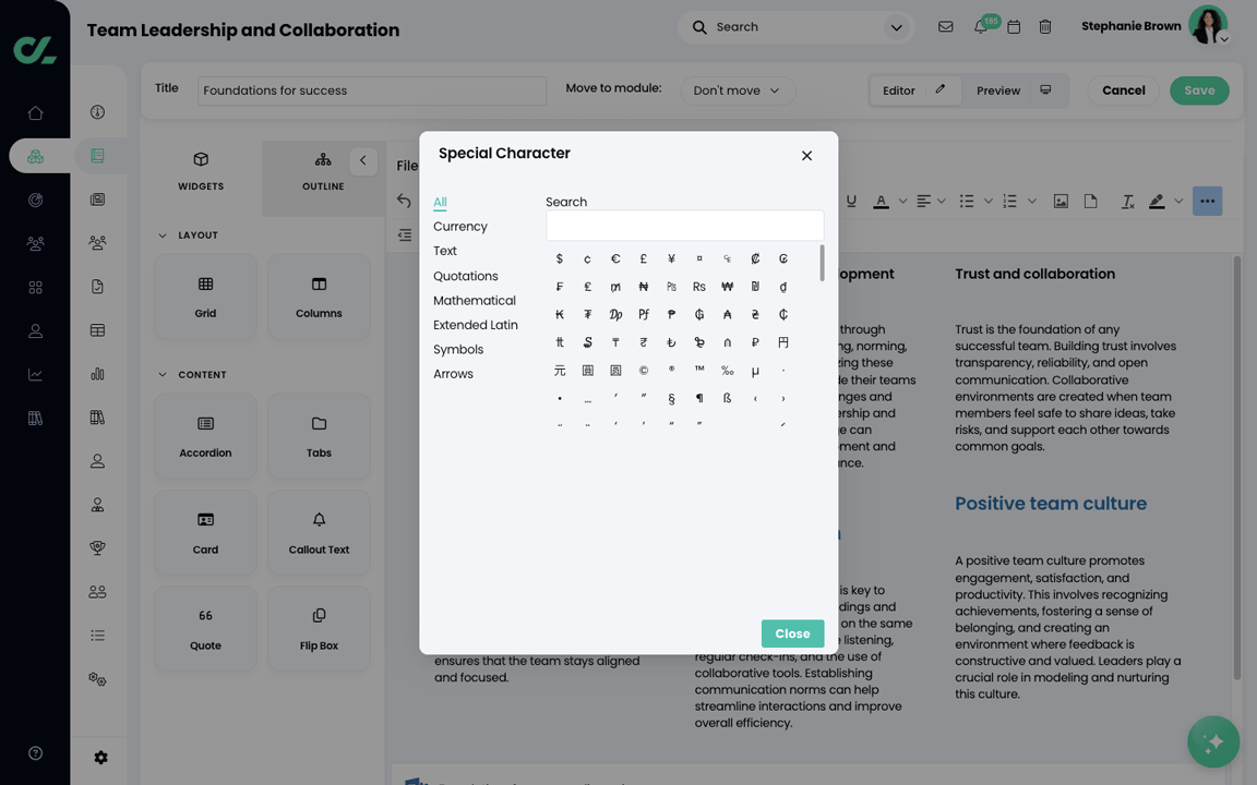 Course, Module, Edit section with the Special character pop-up screen
