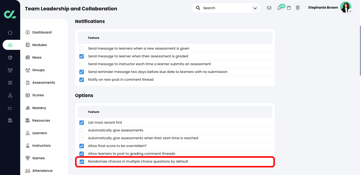 Admin, Assessments tab, with the Randomize choices in multiple choice questions by default checkbox selected and highlighted