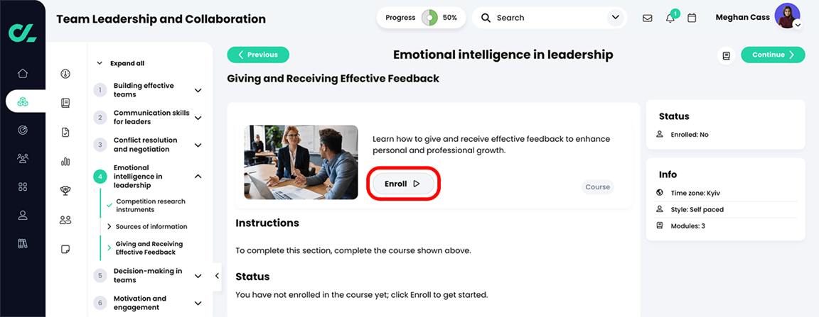 Learner view of a Path, Module, Course goal with the Enroll button highlighted