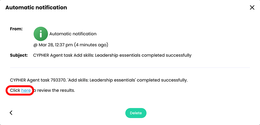 Automatic notification pop-up with Click here highlighted