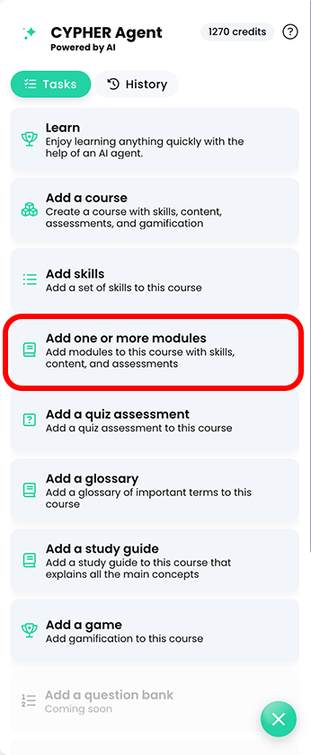 CYPHER Agent menu, Add one or more modules highlighted