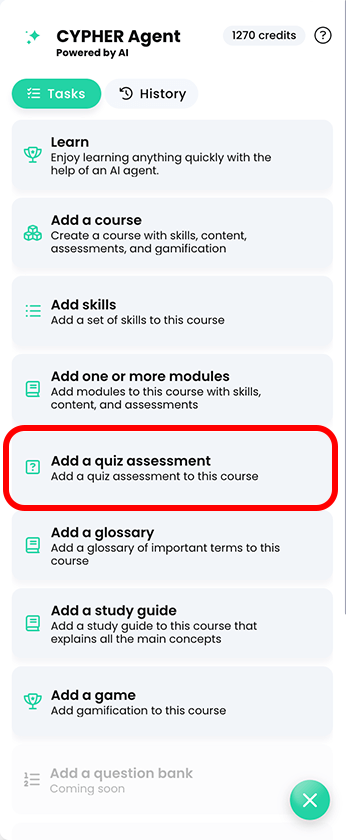 CYPHER Agent menu, Add a quiz assessment highlighted