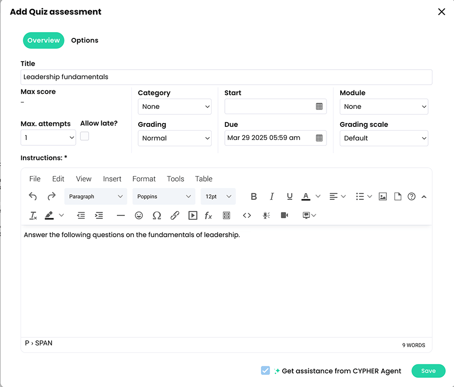 Add Quiz assessment pop-up
